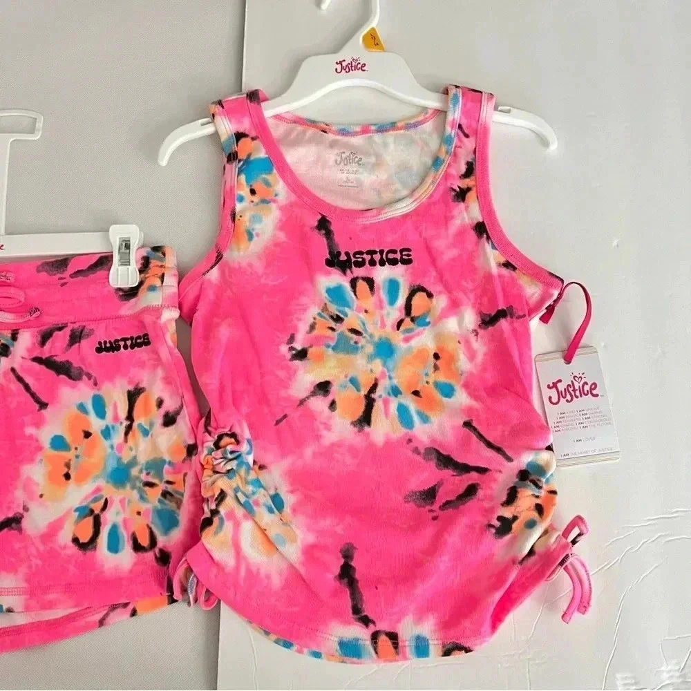 Justice Girls Cinch Side Tank & Short Outfit Set Size Large (12/14) Pink Tie-Dye